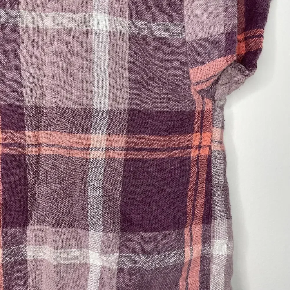Sanctuary Plaid Short Sleeve Button Up Shirt Womens Size S Purple Pink Linen - Picture 6 of 7